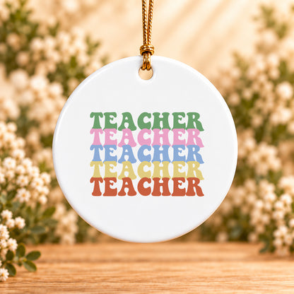 Teacher Retro Rainbow — Round Ceramic Ornament