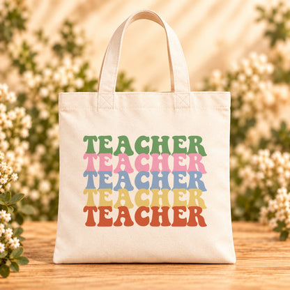 Teacher Retro Rainbow — Beige Canvas Tote Bag