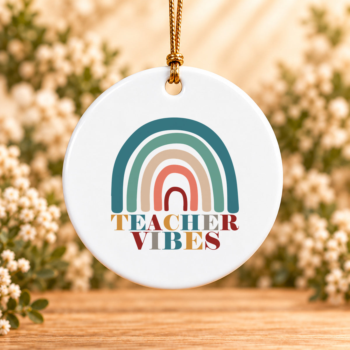 Teacher Vibes Retro Rainbow — Round Ceramic Ornament