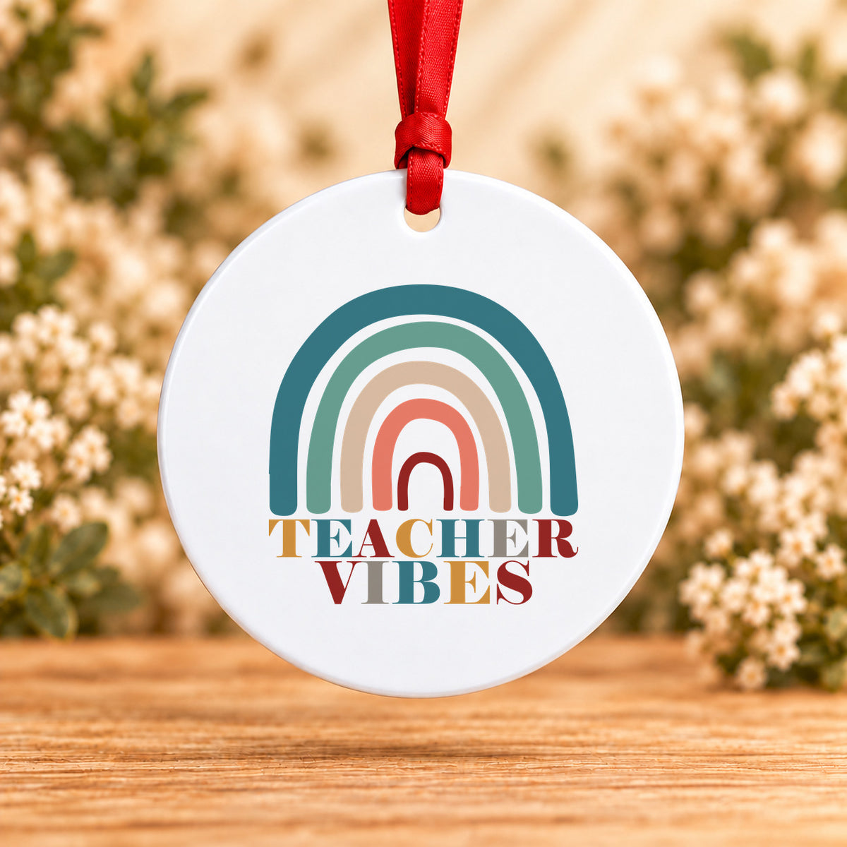 Teacher Vibes Retro Rainbow — Round Metal Ornament