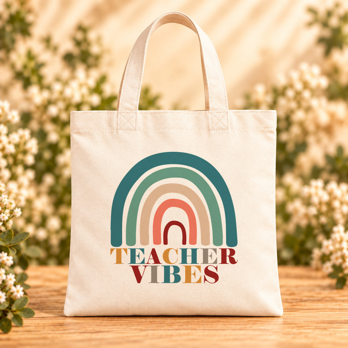 Teacher Vibes Retro Rainbow — Beige Canvas Tote Bag