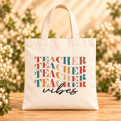Teacher Vibes Retro Typography — Beige Canvas Tote Bag