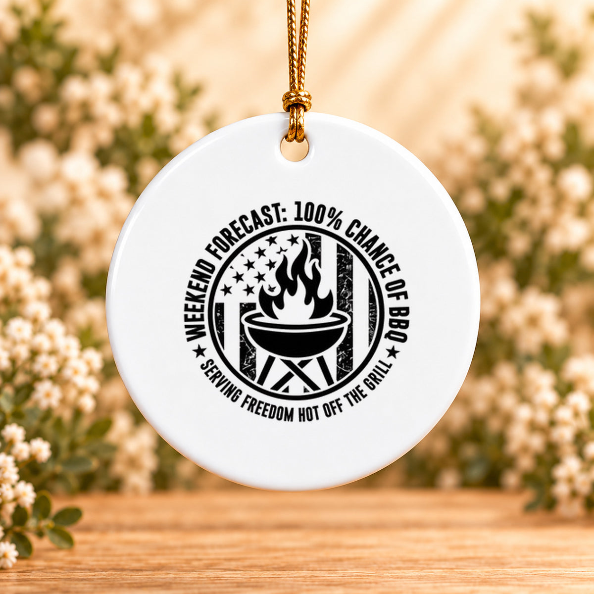 Weekend Forecast: 100% Chance of BBQ — Round Ceramic Ornament