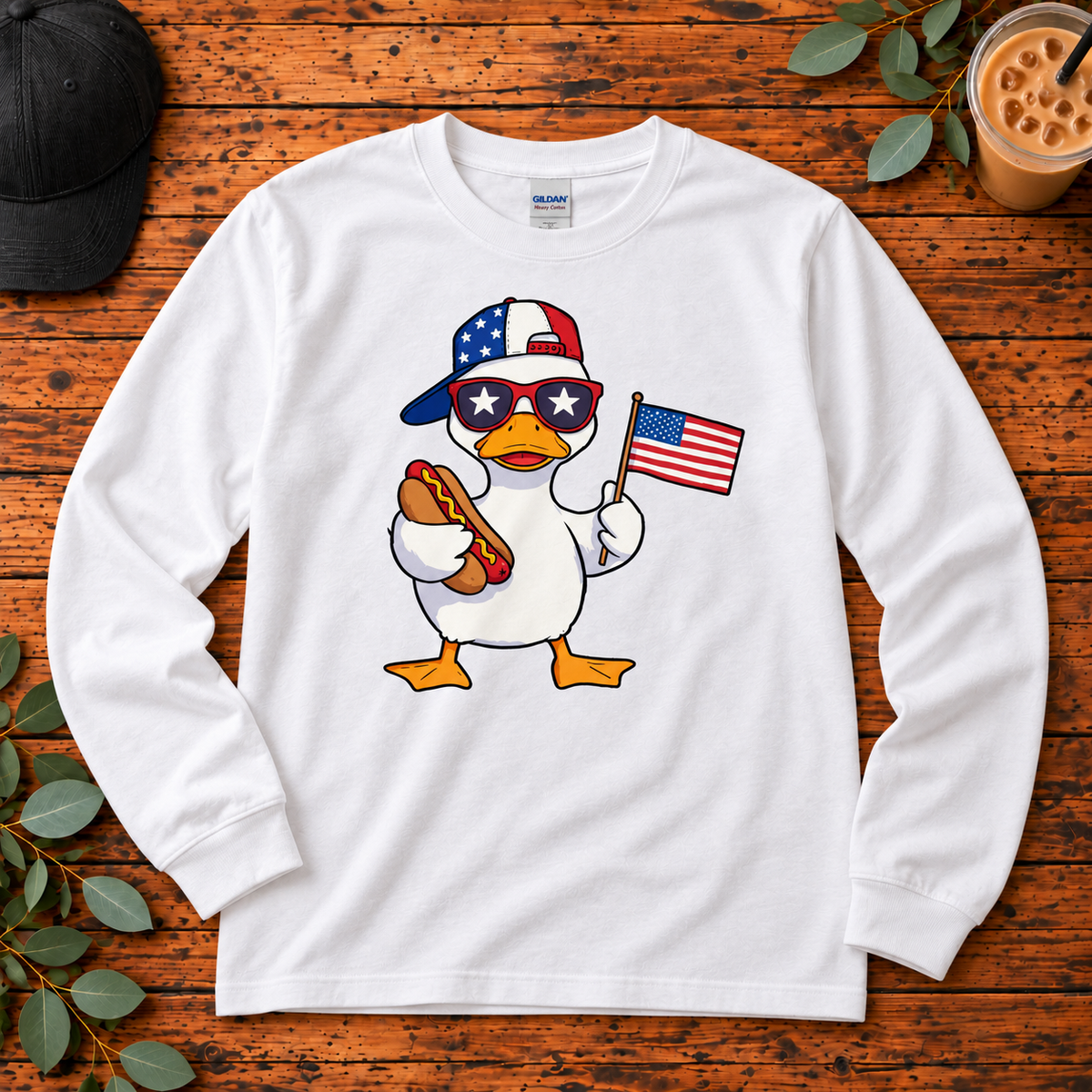American Duck | T-Shirt, Long Sleeve, Crewneck & Hoodie — white Gildan Heavy Cotton youth long sleeve crewneck T-shirt on rustic wood