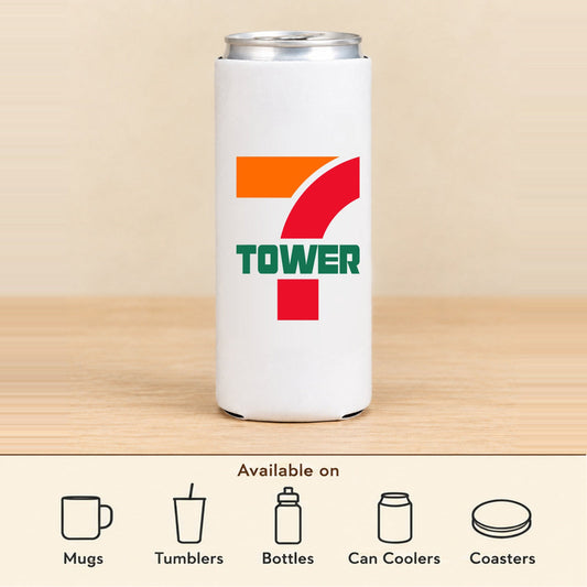 Tower 7 — Slim Can Koozie featured; available on mugs, tumblers, bottles, can coolers and coasters