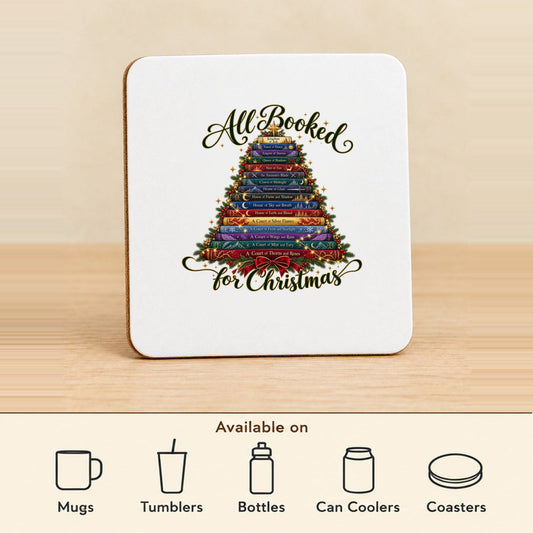 All Booked for Christmas — Square MDF Coaster featured; available on mugs, tumblers, bottles, can coolers and coasters