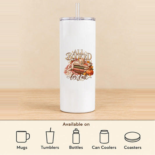 All Booked for Fall — 20 oz Skinny Tumbler featured; available on mugs, tumblers, bottles, can coolers and coasters