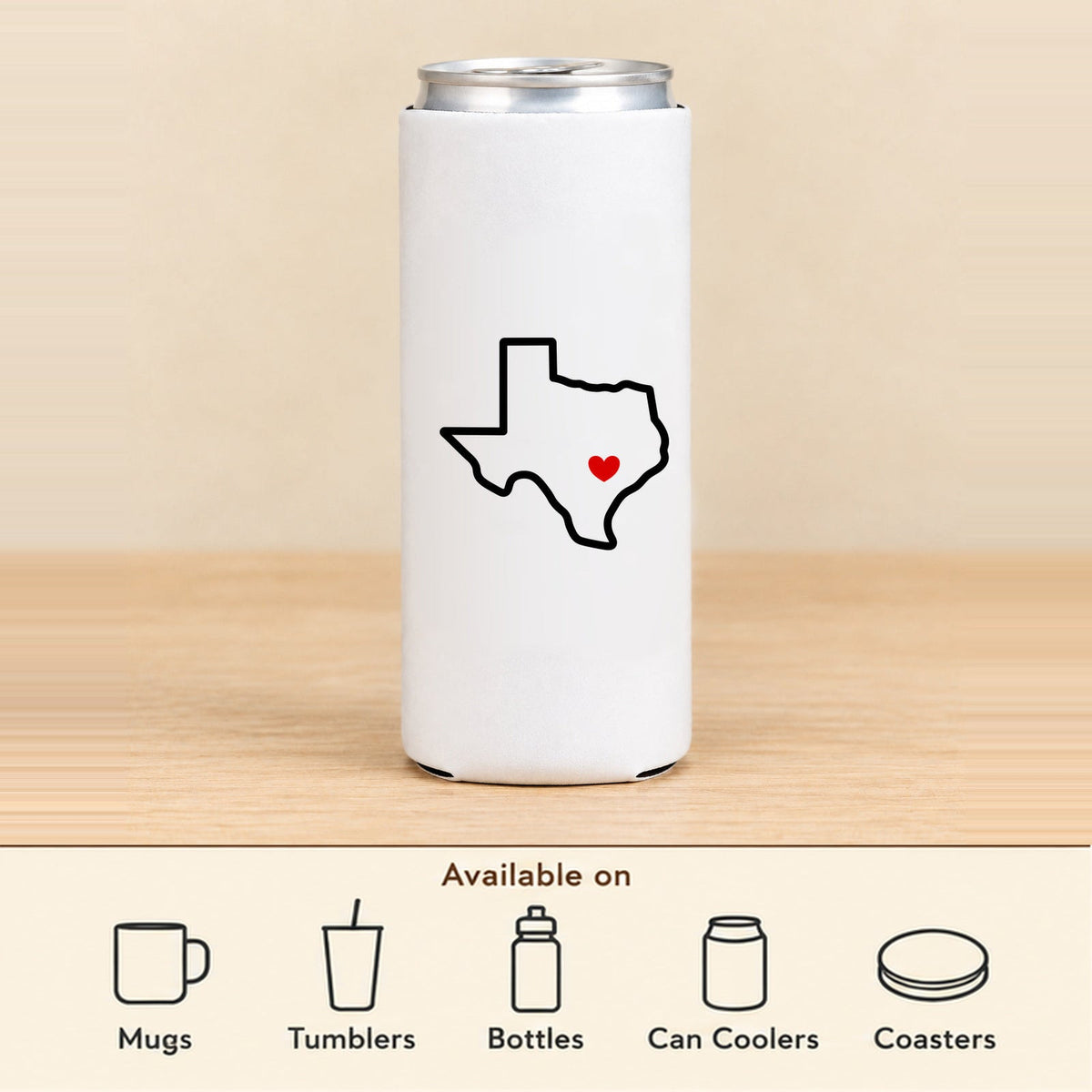 Austin Texas Home Heart — Slim Can Koozie featured; available on mugs, tumblers, bottles, can coolers and coasters
