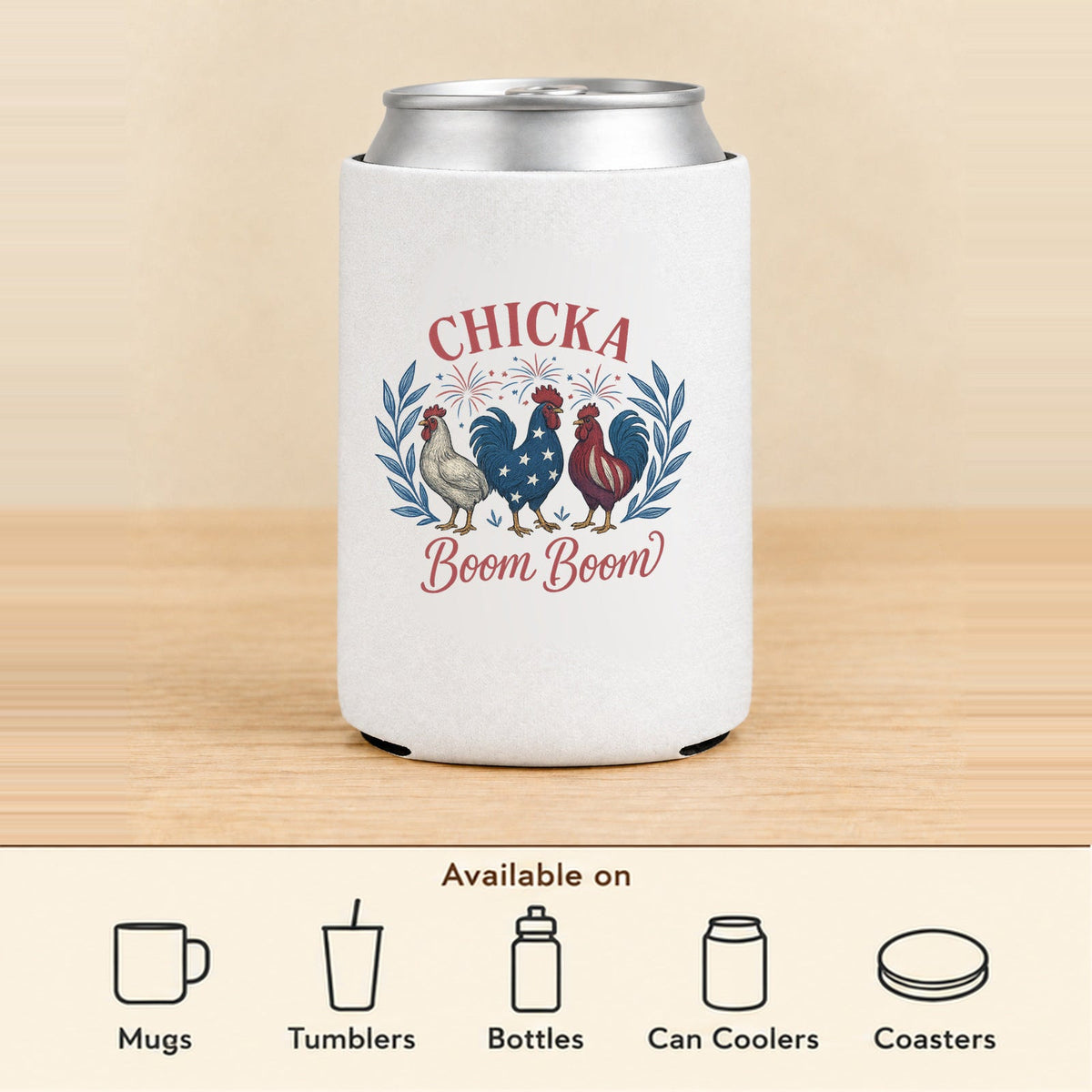 Chicka Boom Boom — Regular Can Koozie featured; available on mugs, tumblers, bottles, can coolers and coasters