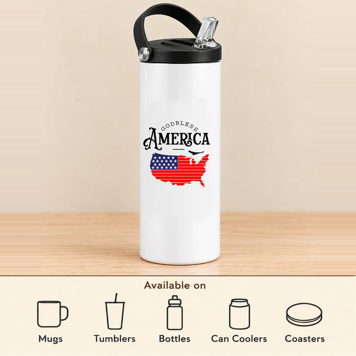 God Bless America Map — 20 oz Sports Bottle featured; available on mugs, tumblers, bottles, can coolers and coasters
