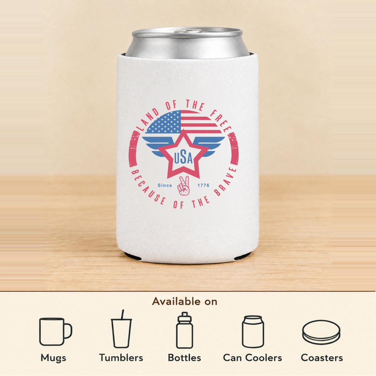 Land of the Free USA Wings — Regular Can Koozie featured; available on mugs, tumblers, bottles, can coolers and coasters