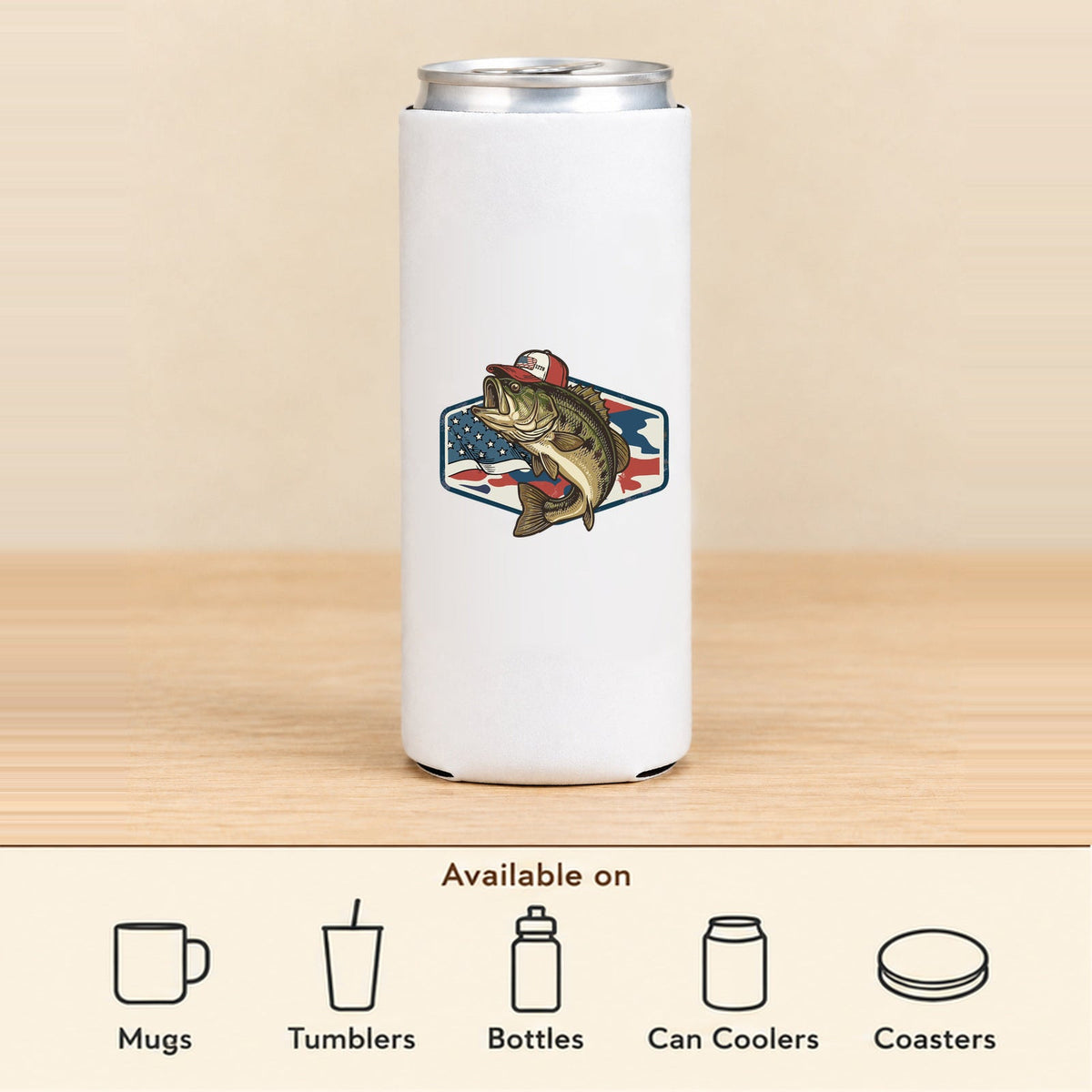 Patriotic Bass — Slim Can Koozie featured; available on mugs, tumblers, bottles, can coolers and coasters