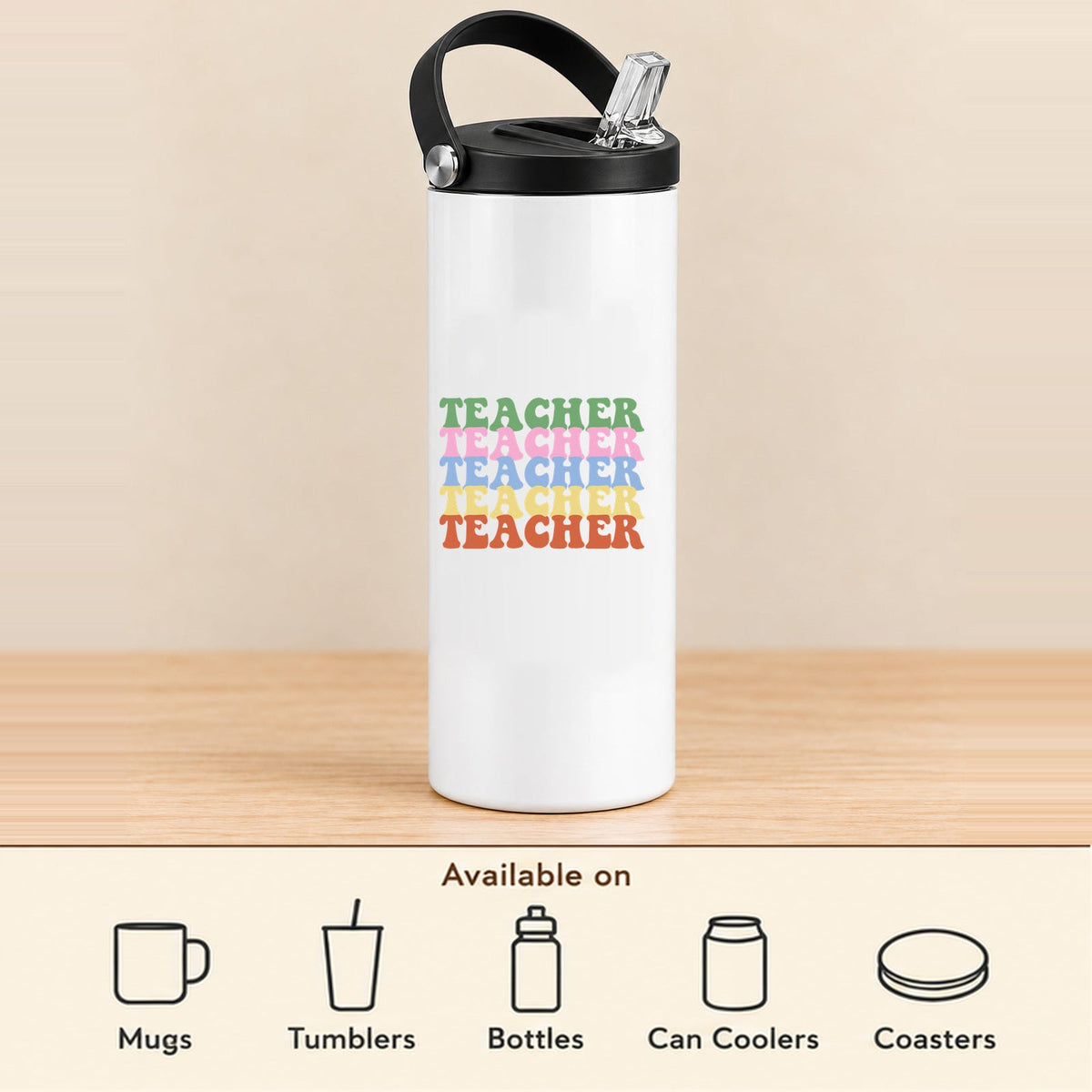 Teacher Retro Rainbow — 20 oz Sports Bottle featured; available on mugs, tumblers, bottles, can coolers and coasters