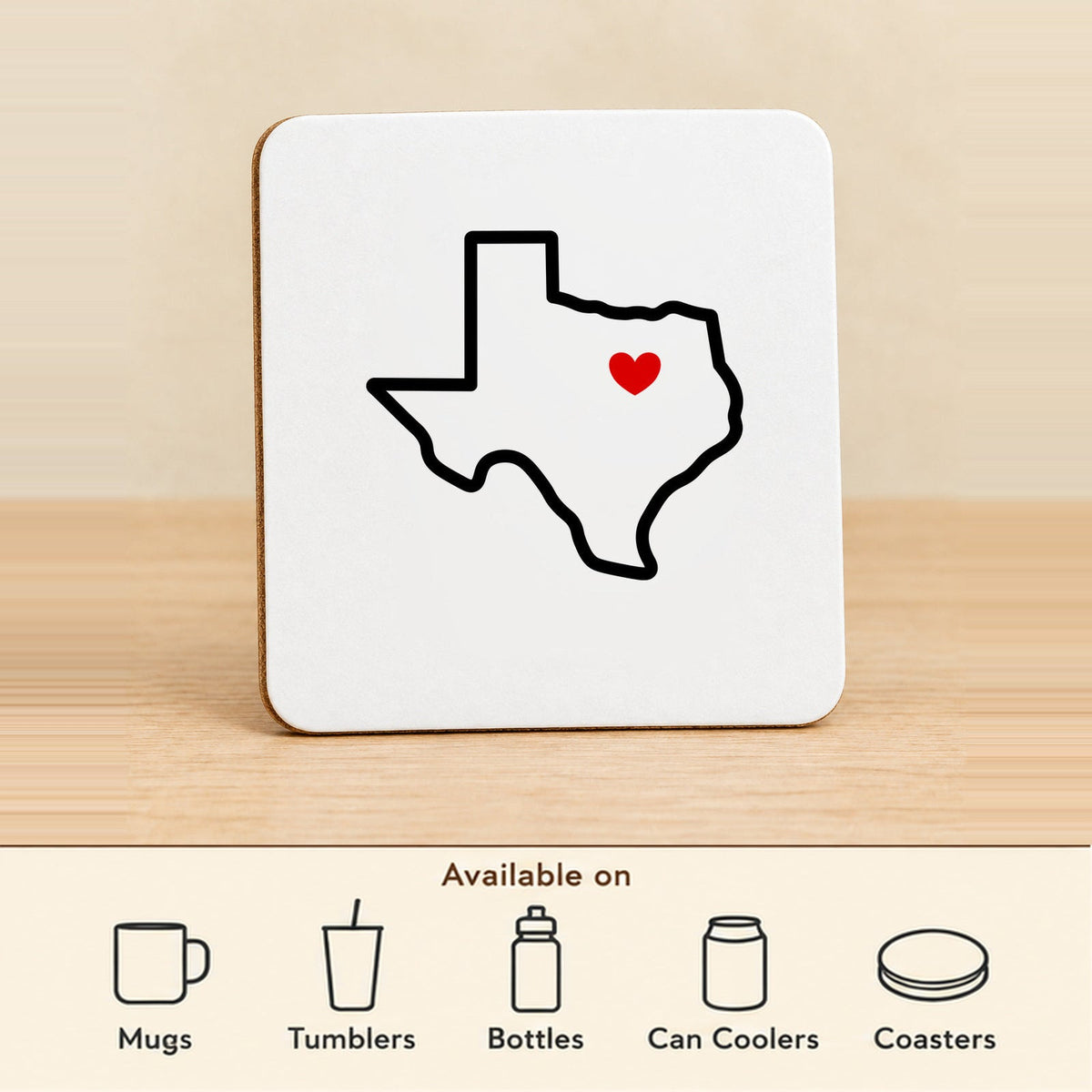 Texas Heart Dallas — Square MDF Coaster featured; available on mugs, tumblers, bottles, can coolers and coasters