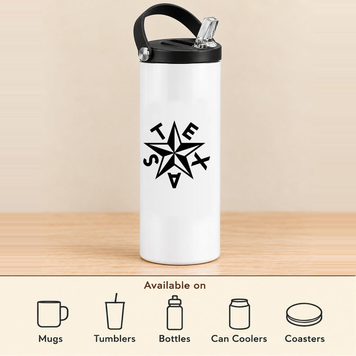 Texas Star — 20 oz Sports Bottle featured; available on mugs, tumblers, bottles, can coolers and coasters