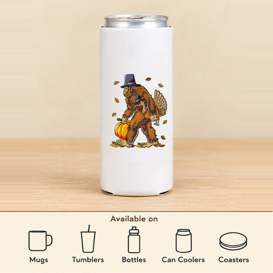 Thanksgiving Bigfoot — Slim Can Koozie featured; available on mugs, tumblers, bottles, can coolers and coasters