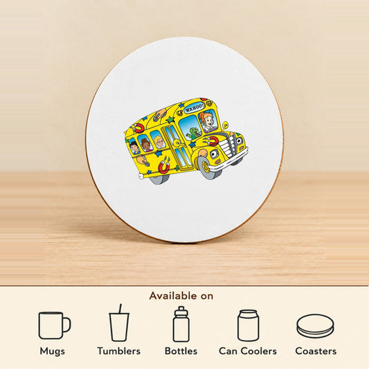 Wahoo School Bus — Round MDF Coaster featured; available on mugs, tumblers, bottles, can coolers and coasters