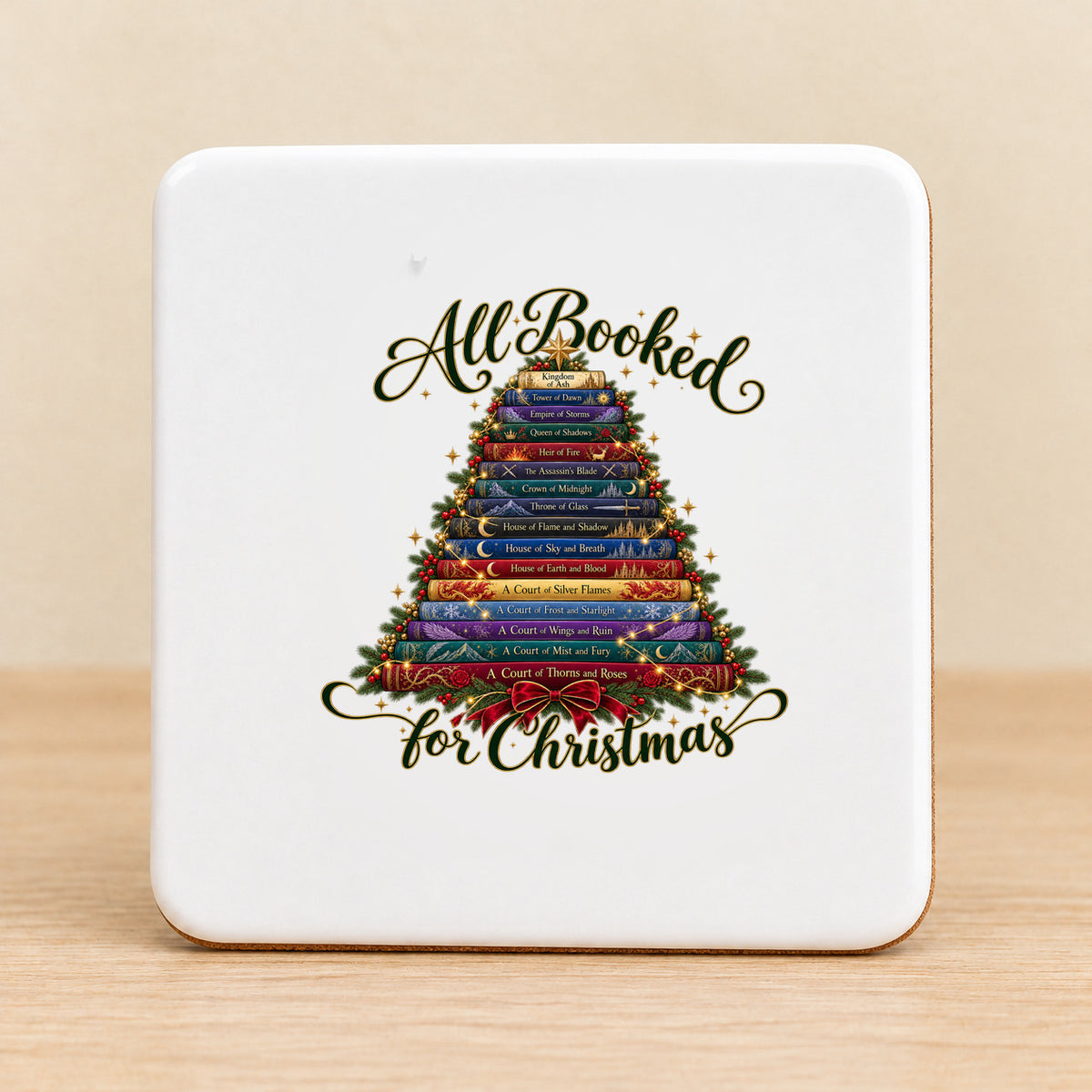 All Booked for Christmas — Square Ceramic Coaster