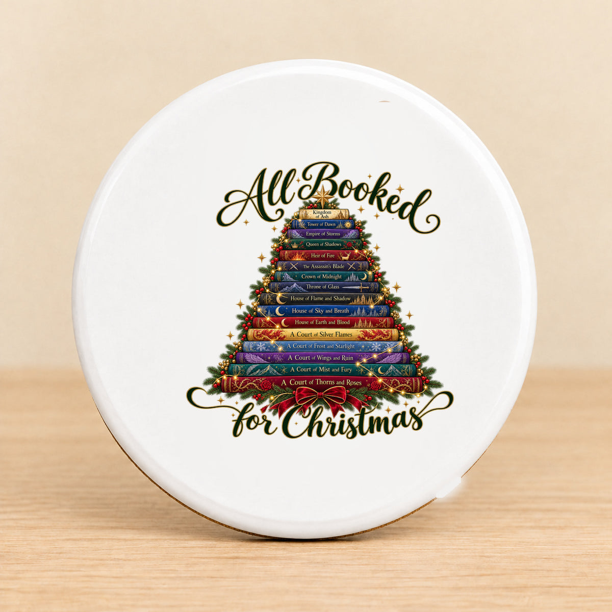 All Booked for Christmas — Round Ceramic Coaster