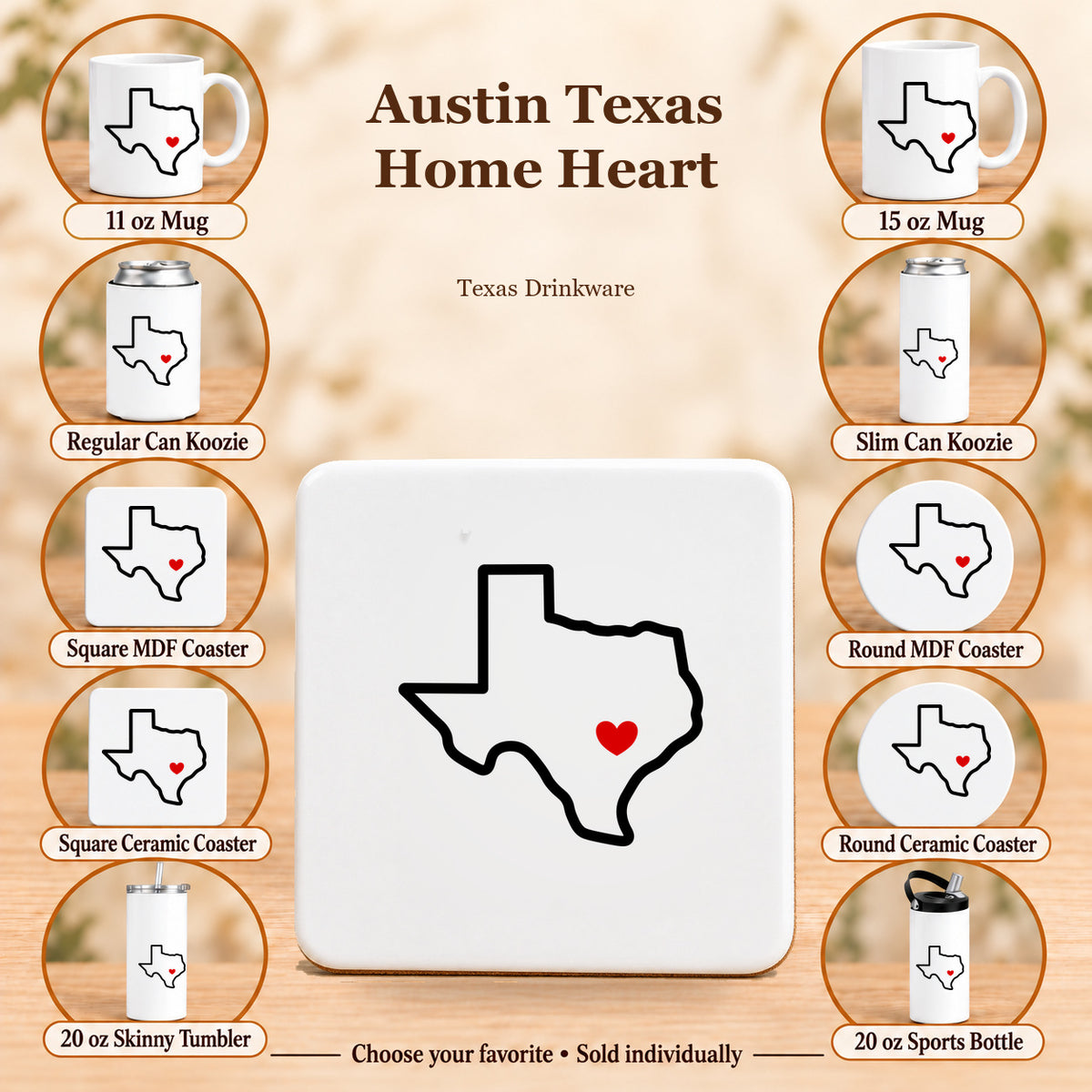 Austin Texas Home Heart — All 10 drinkware options