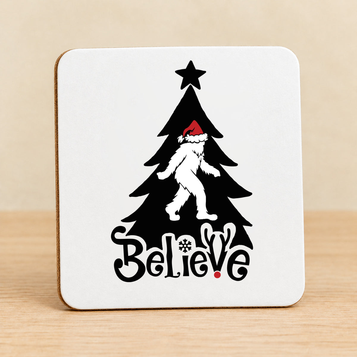Believe Bigfoot Christmas — Square MDF Coaster