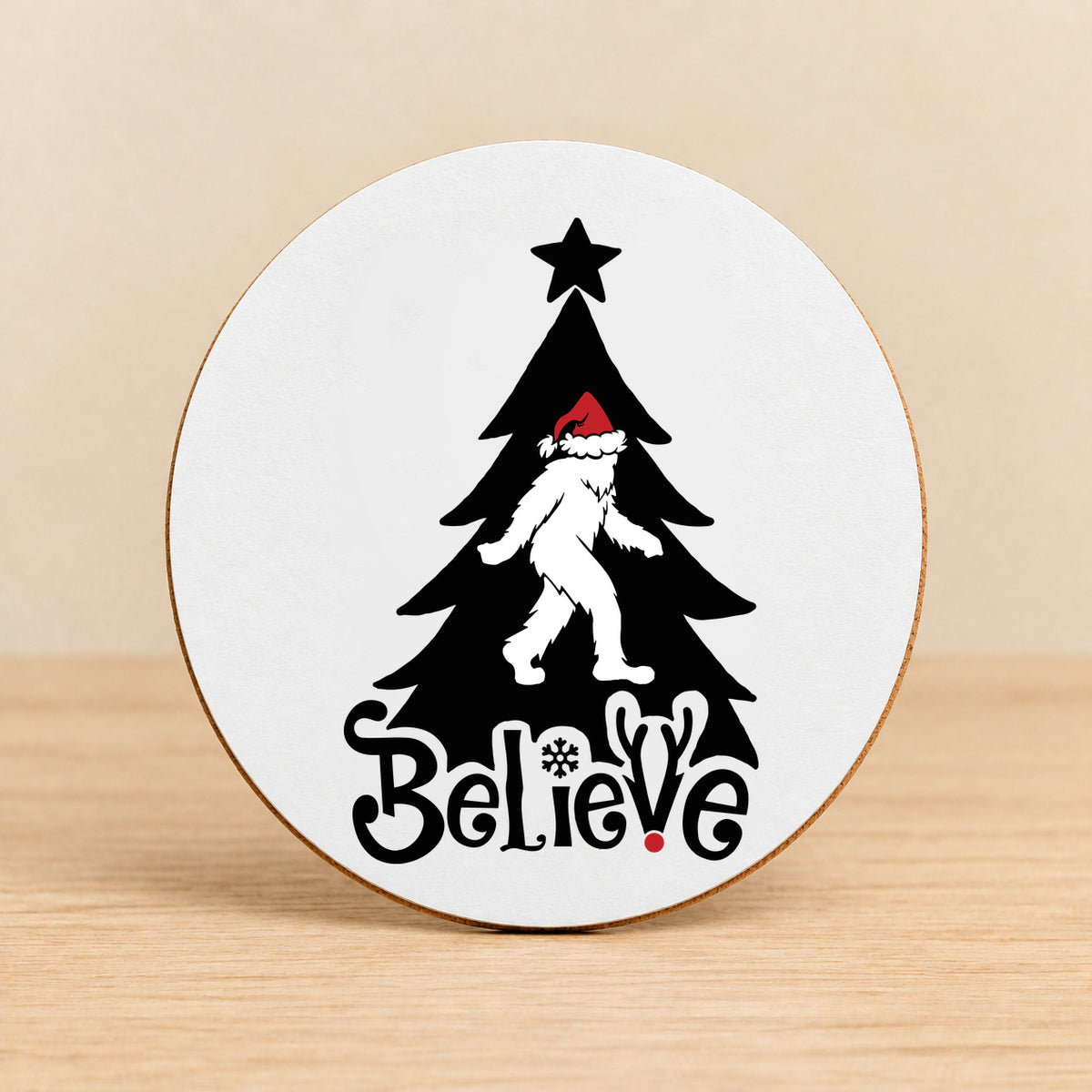 Believe Bigfoot Christmas — Round MDF Coaster