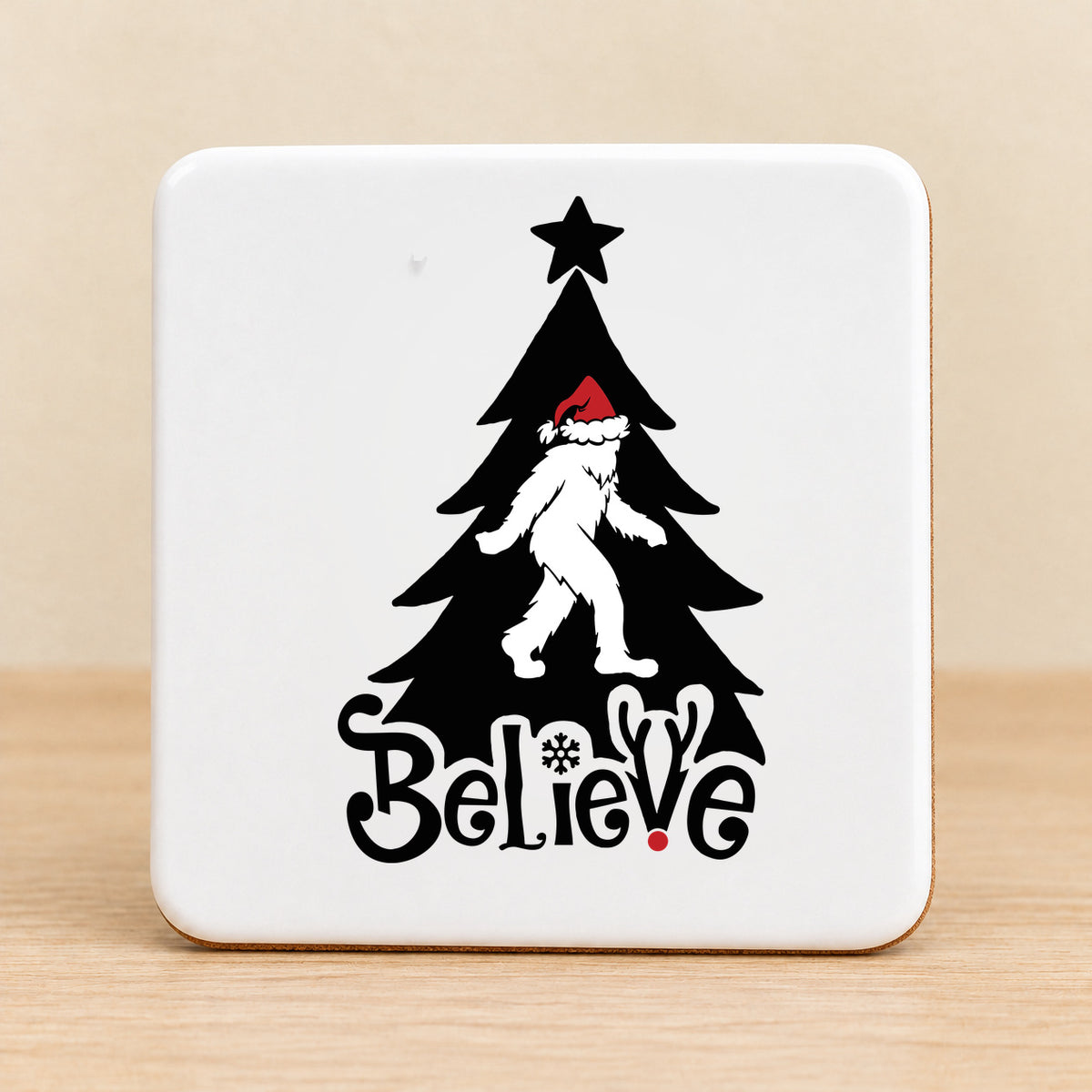 Believe Bigfoot Christmas — Square Ceramic Coaster