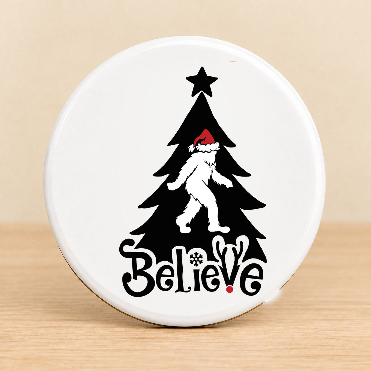 Believe Bigfoot Christmas — Round Ceramic Coaster