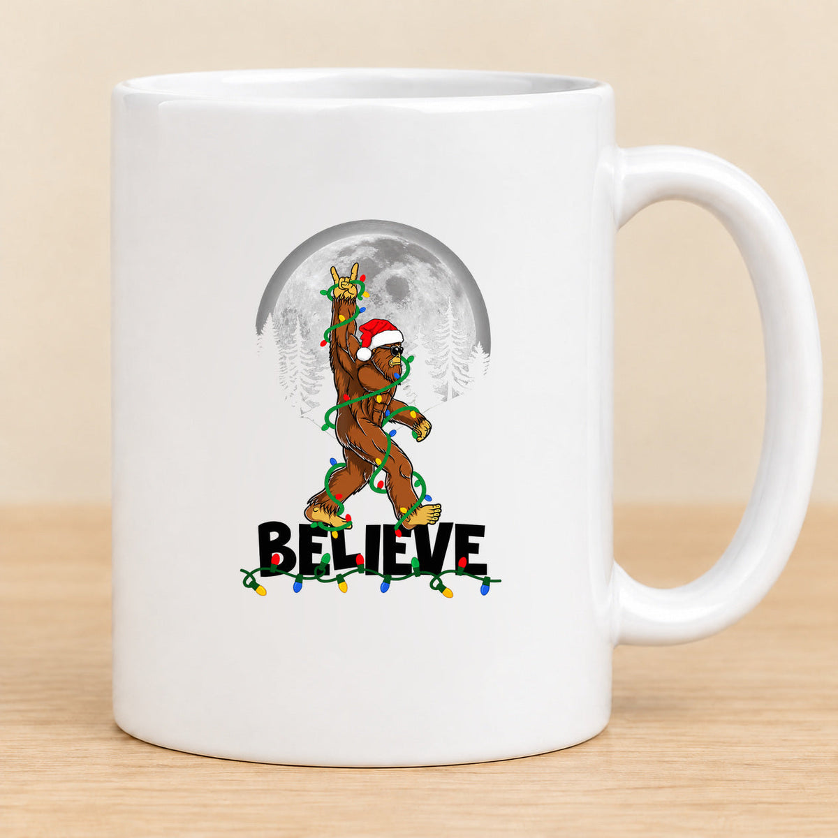 Believe Bigfoot Moon — 11 oz Ceramic Mug — black BELIEVE lettering