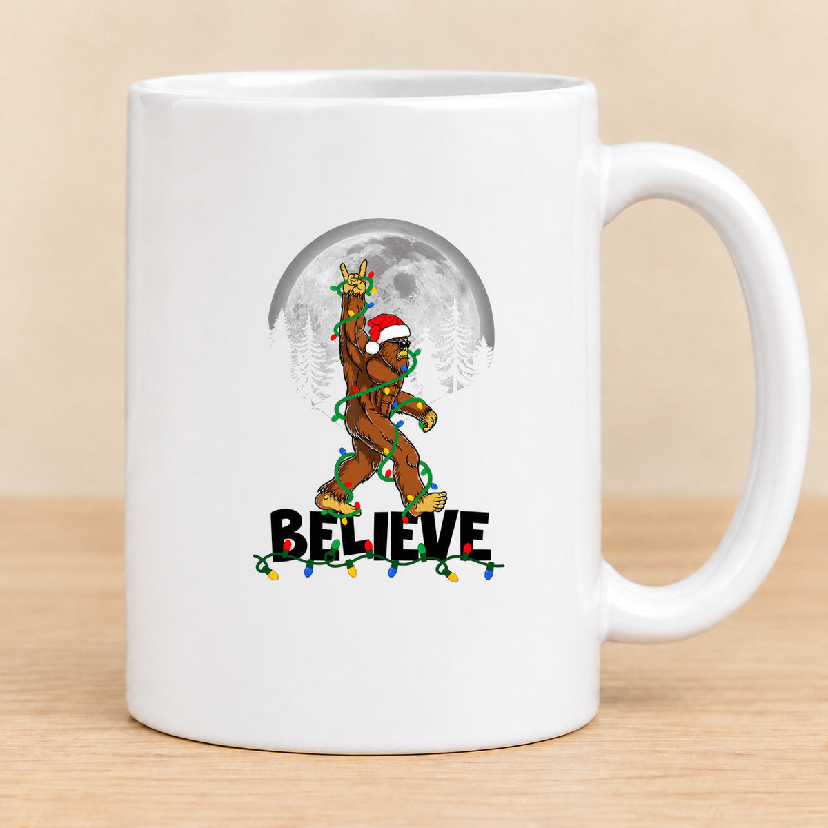 Believe Bigfoot Moon — 15 oz Ceramic Mug — black BELIEVE lettering