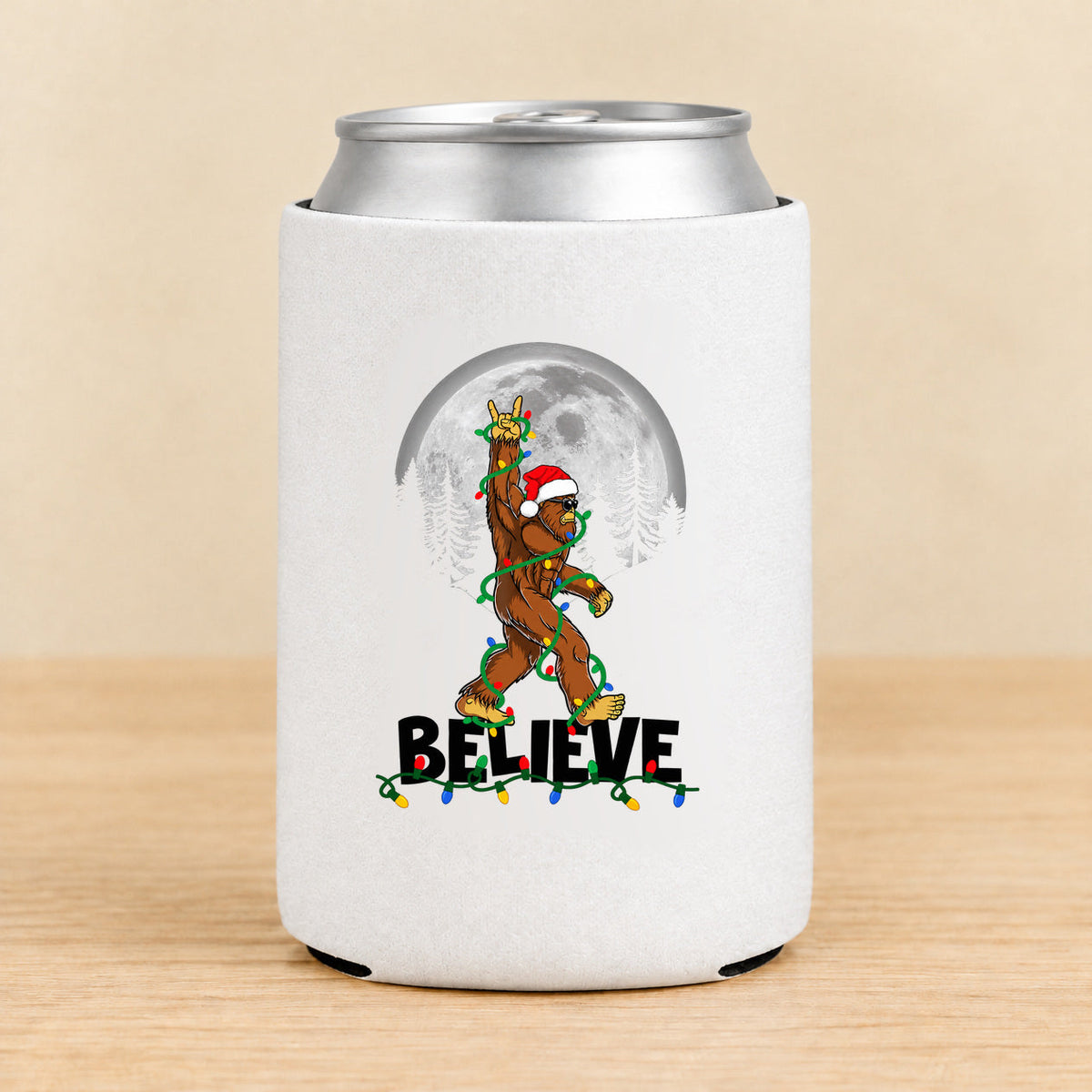 Believe Bigfoot Moon — Regular Can Koozie — black BELIEVE lettering