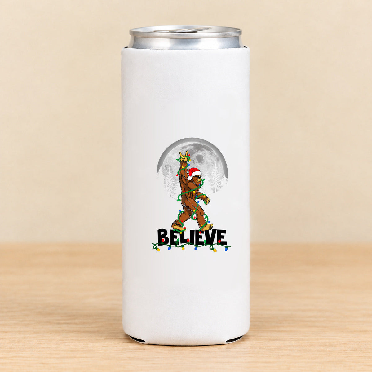 Believe Bigfoot Moon — Slim Can Koozie — black BELIEVE lettering