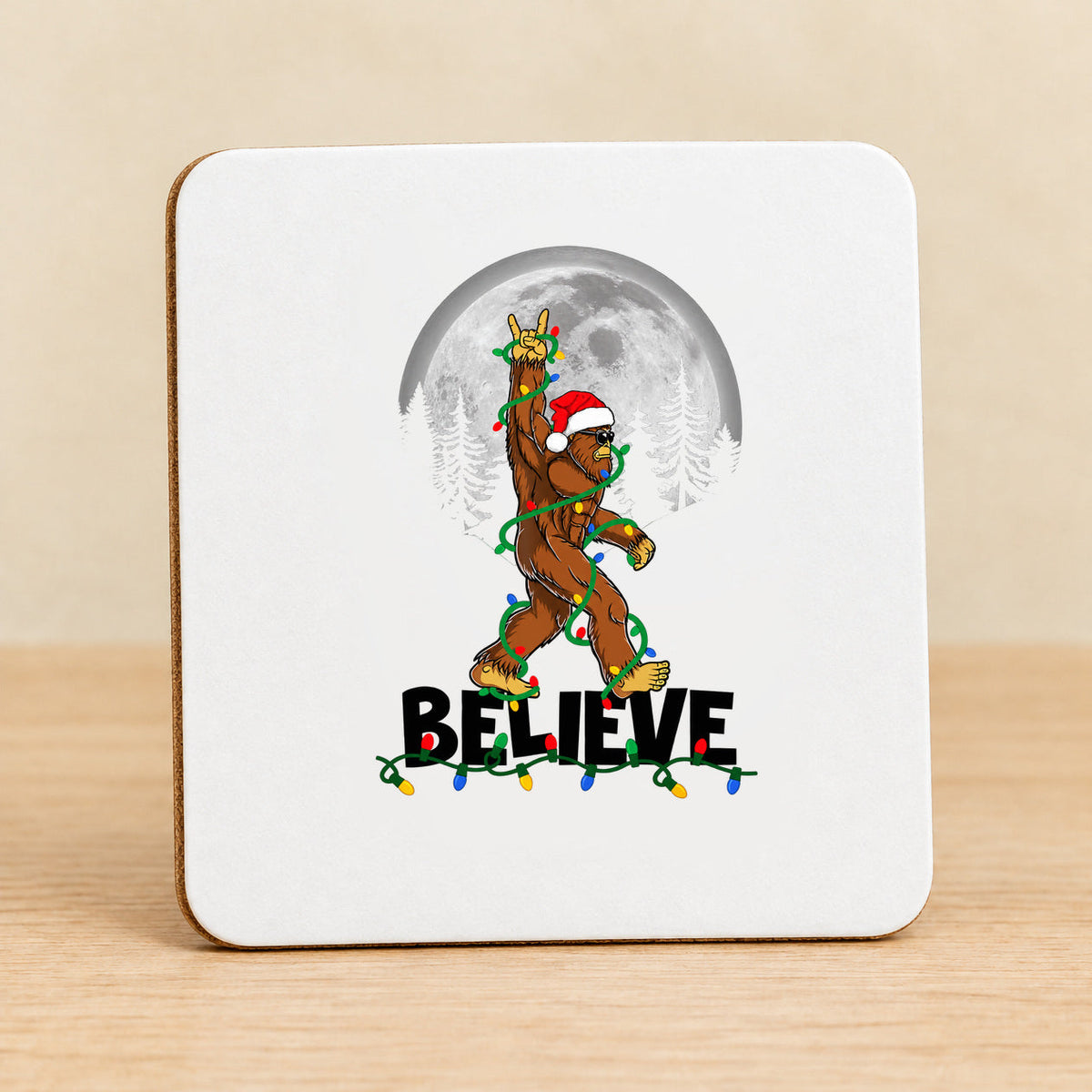 Believe Bigfoot Moon — Square MDF Coaster — black BELIEVE lettering