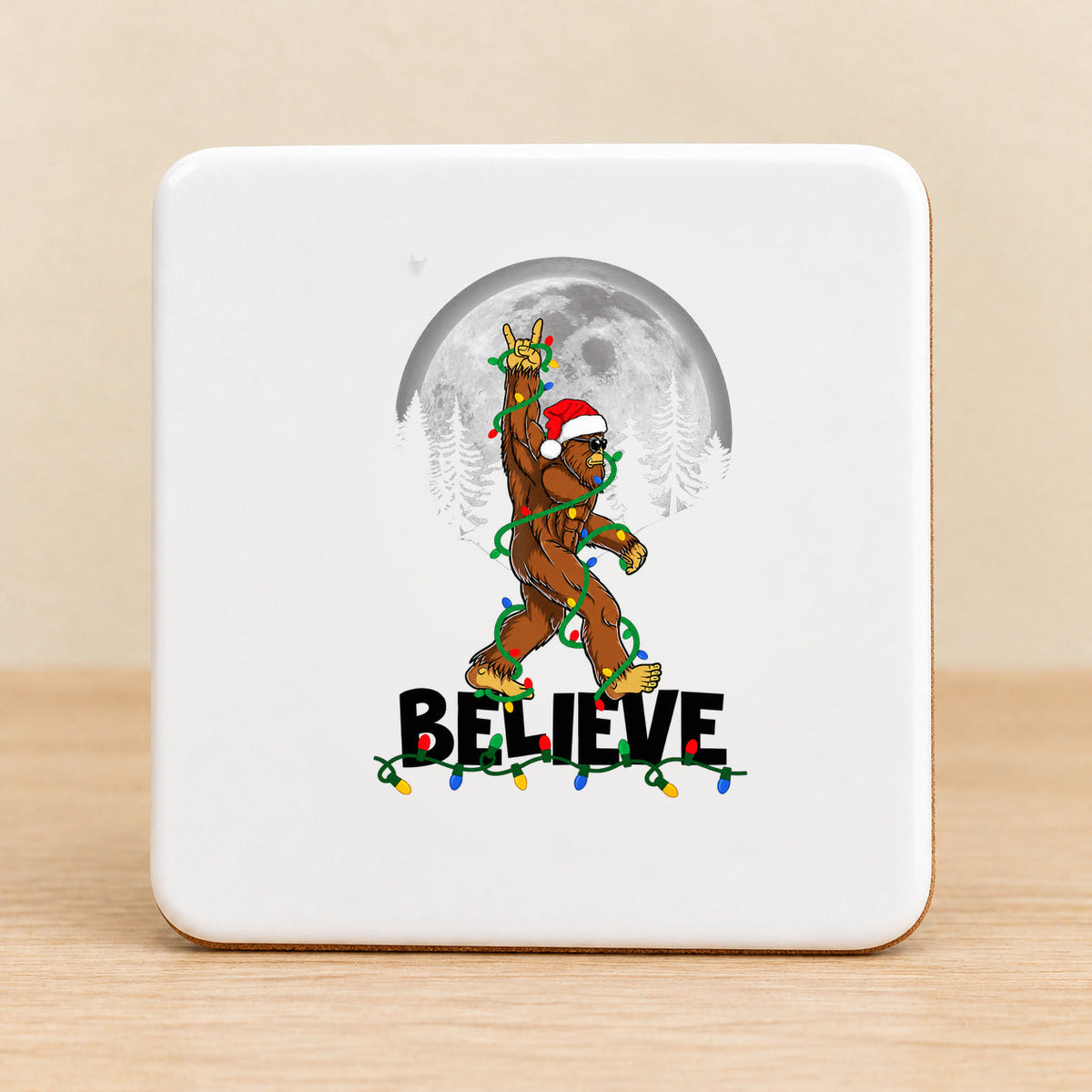 Believe Bigfoot Moon — Square Ceramic Coaster — black BELIEVE lettering