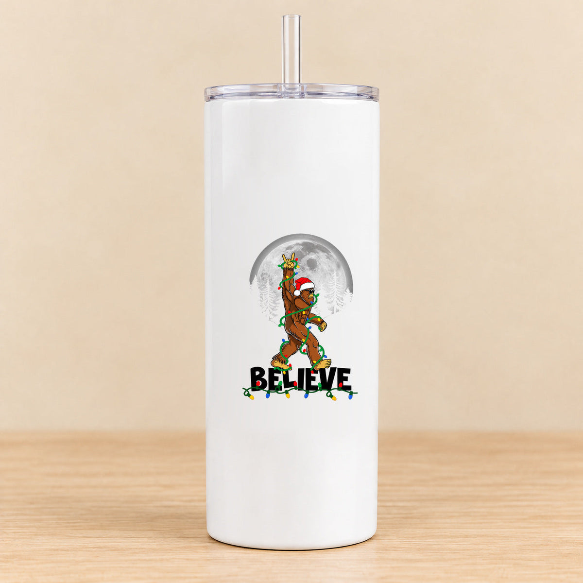 Believe Bigfoot Moon — 20 oz Skinny Tumbler — black BELIEVE lettering