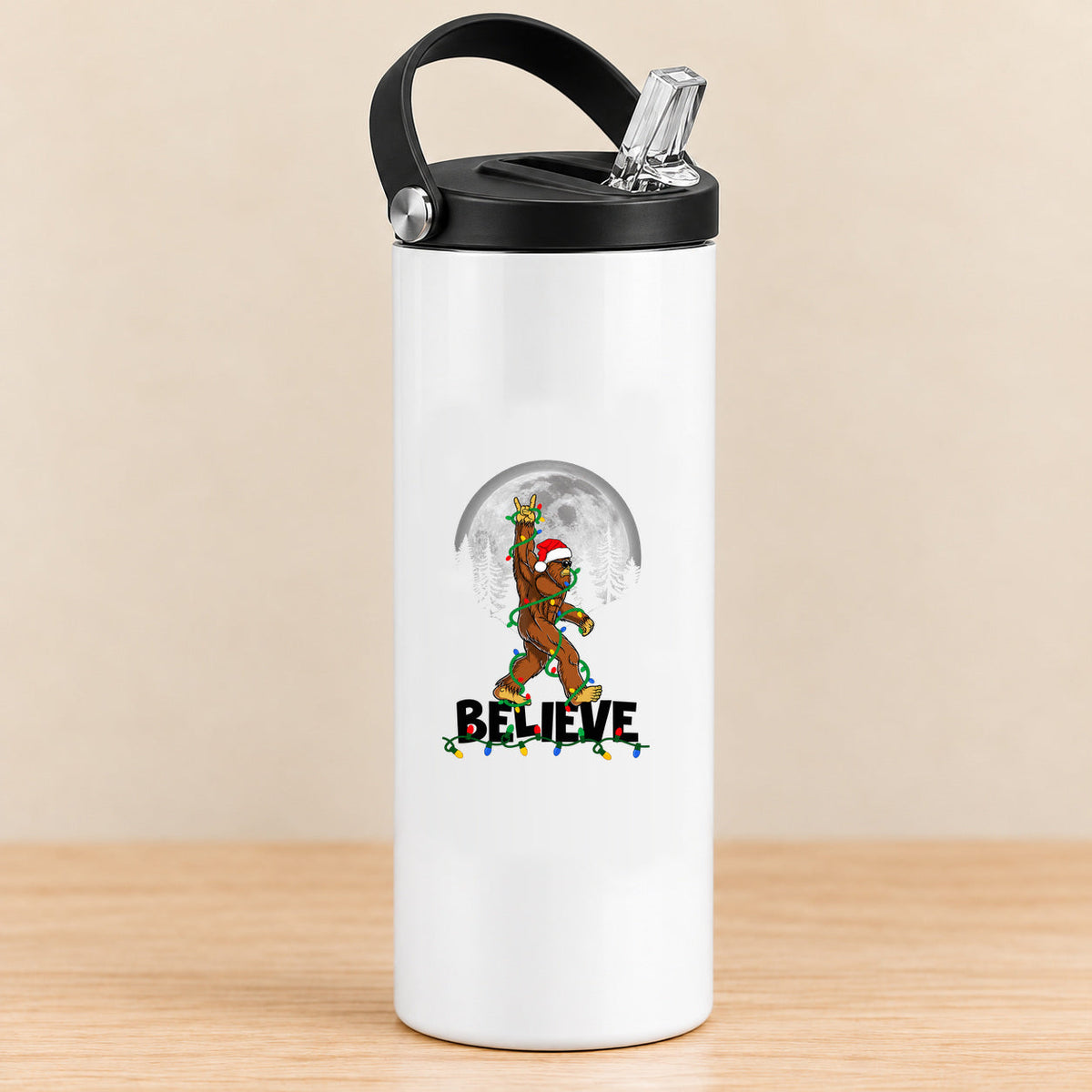 Believe Bigfoot Moon — 20 oz Sports Bottle — black BELIEVE lettering
