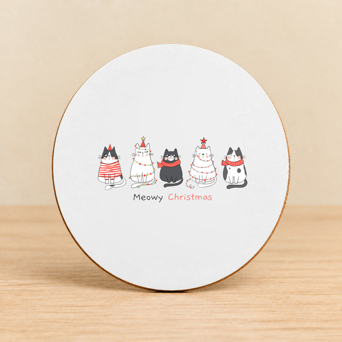 Meowy Christmas — Round MDF Coaster