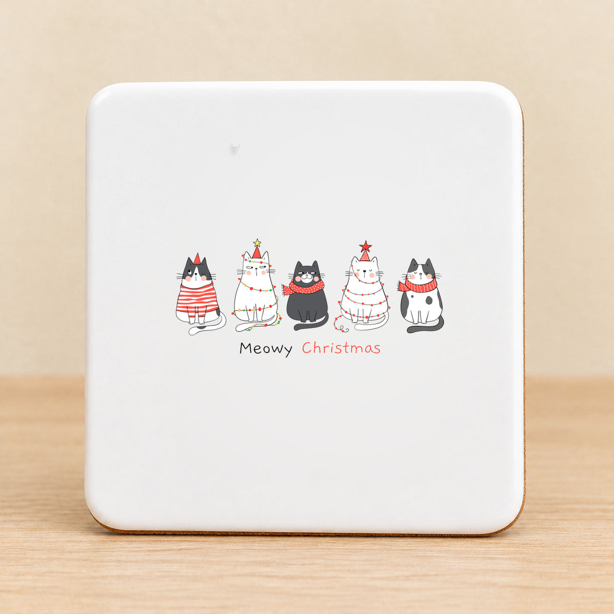 Meowy Christmas — Square Ceramic Coaster