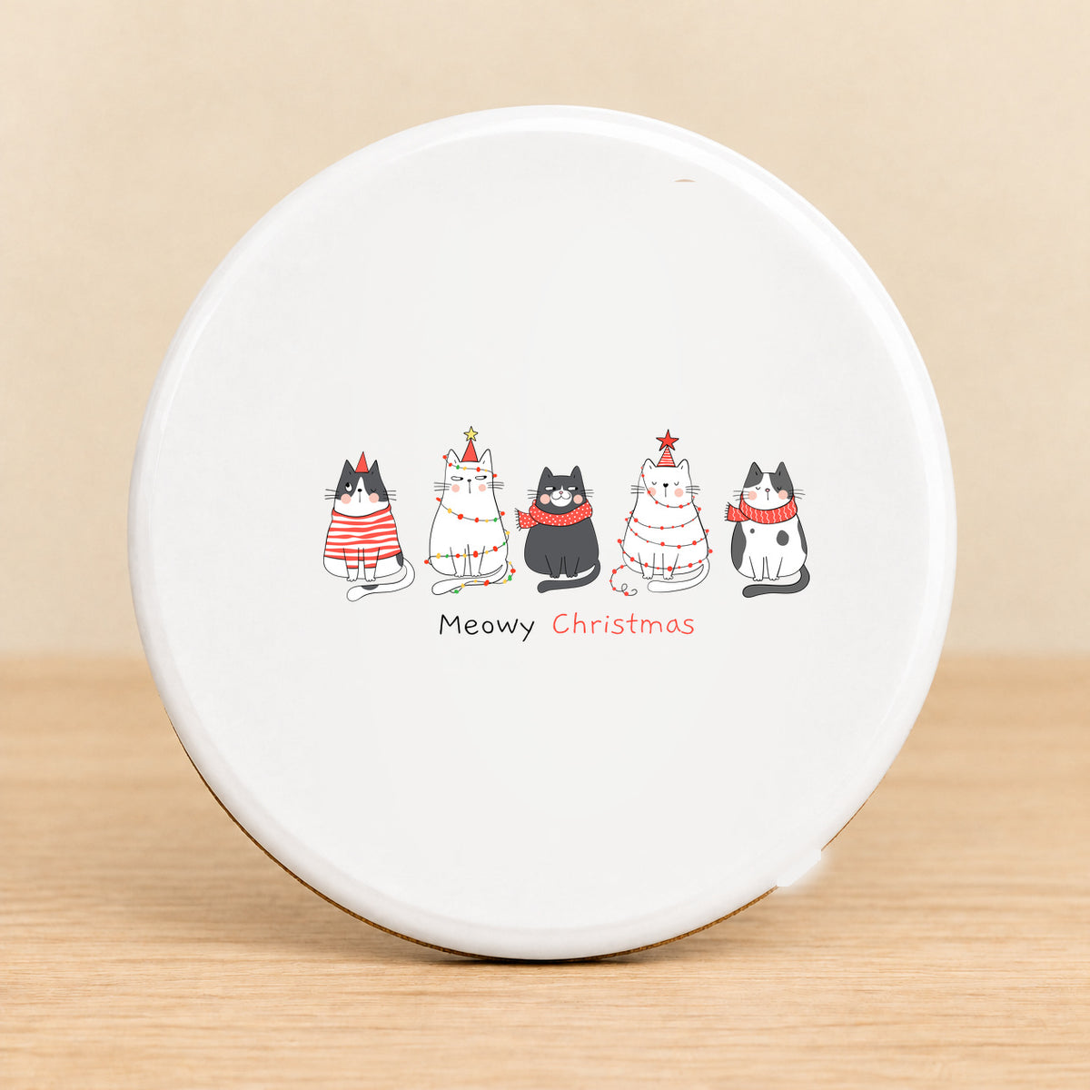 Meowy Christmas — Round Ceramic Coaster