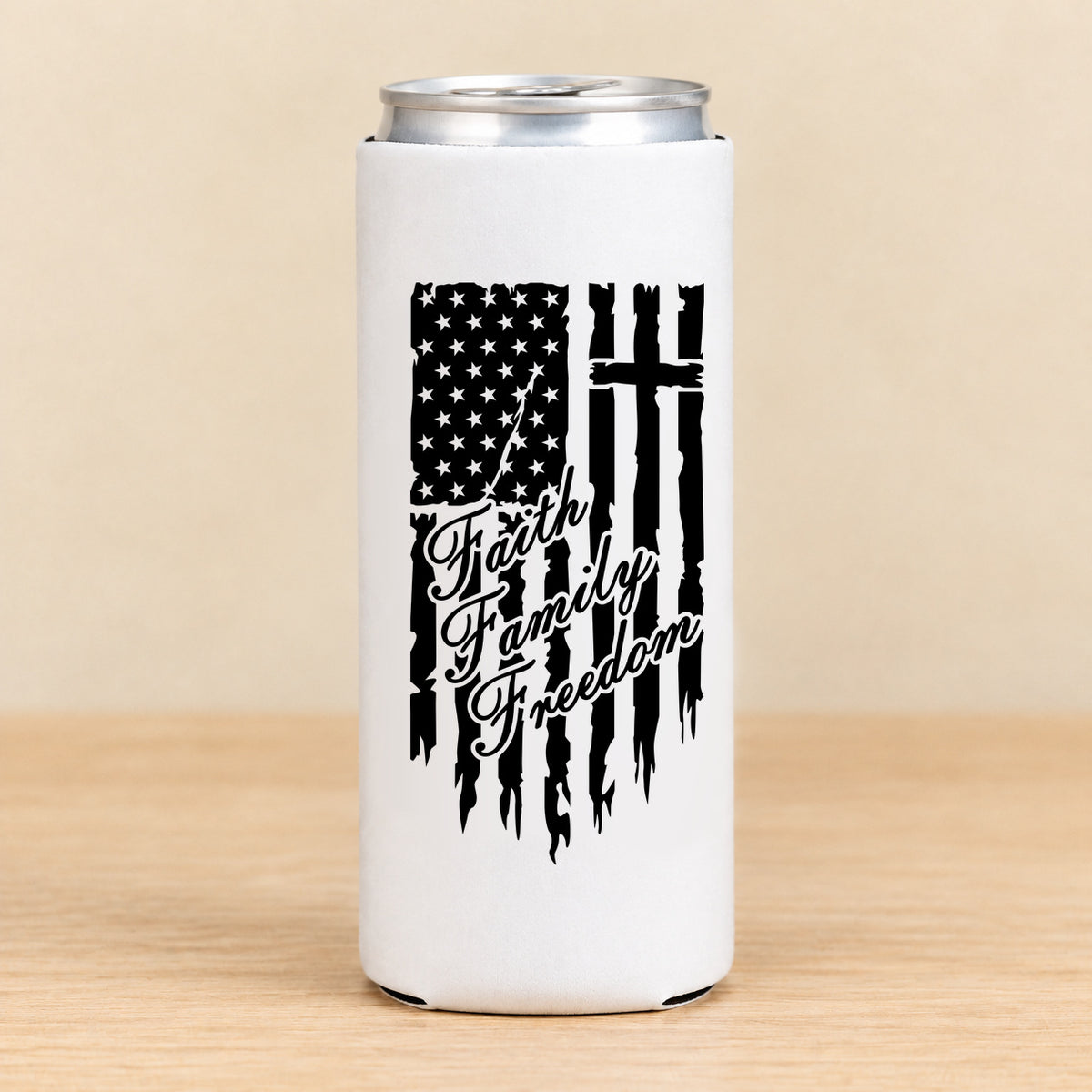 One Nation Under God Faith Family Freedom — Slim Can Koozie