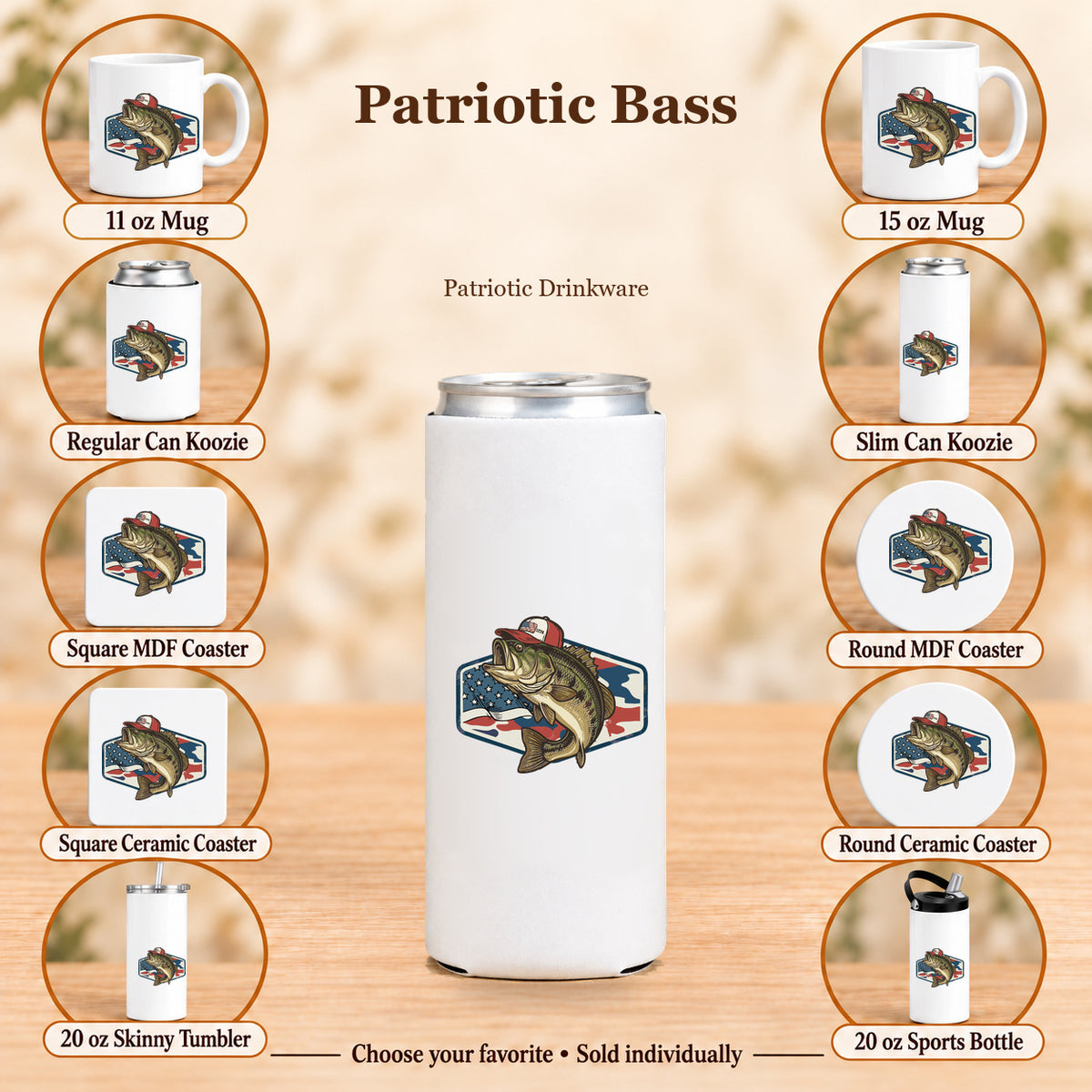 Patriotic Bass — All 10 drinkware options
