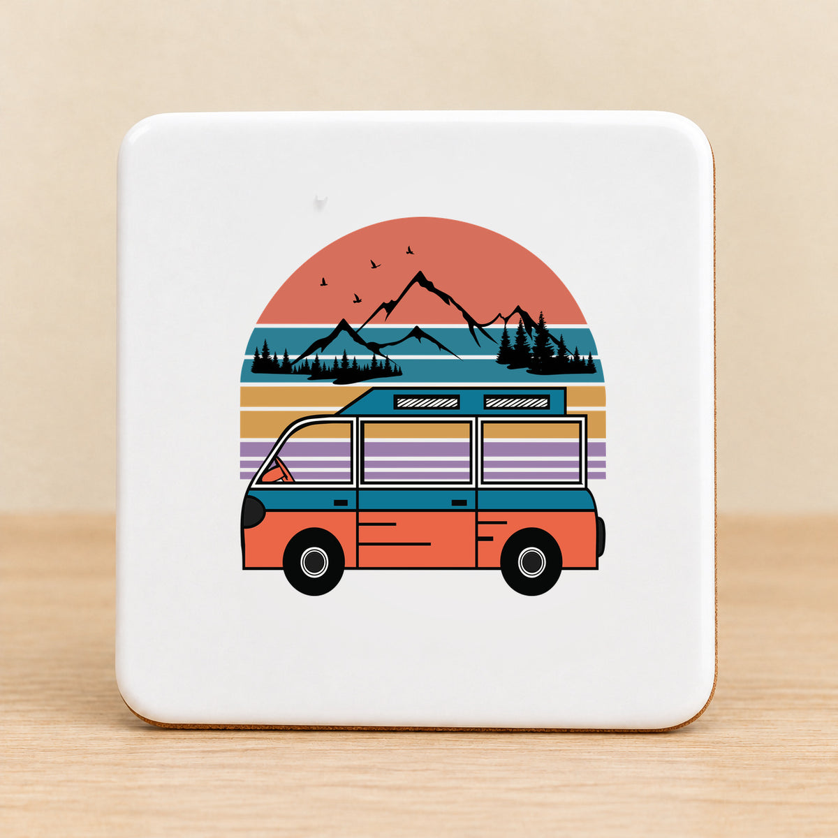 Retro Adventure Van — Square Ceramic Coaster