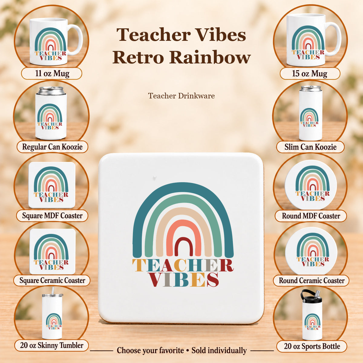 Teacher Vibes Retro Rainbow — All 10 drinkware options