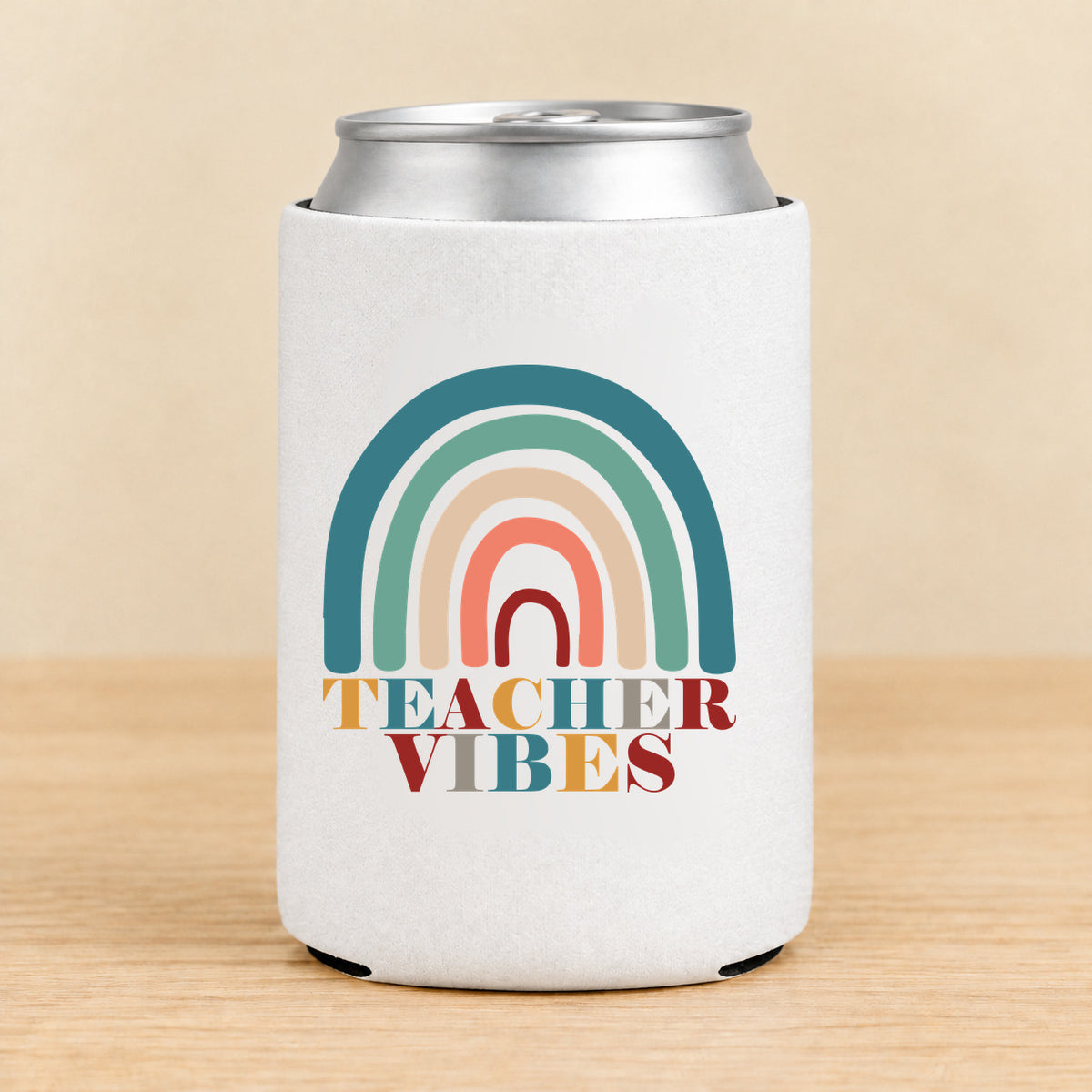 Teacher Vibes Retro Rainbow — Regular Can Koozie