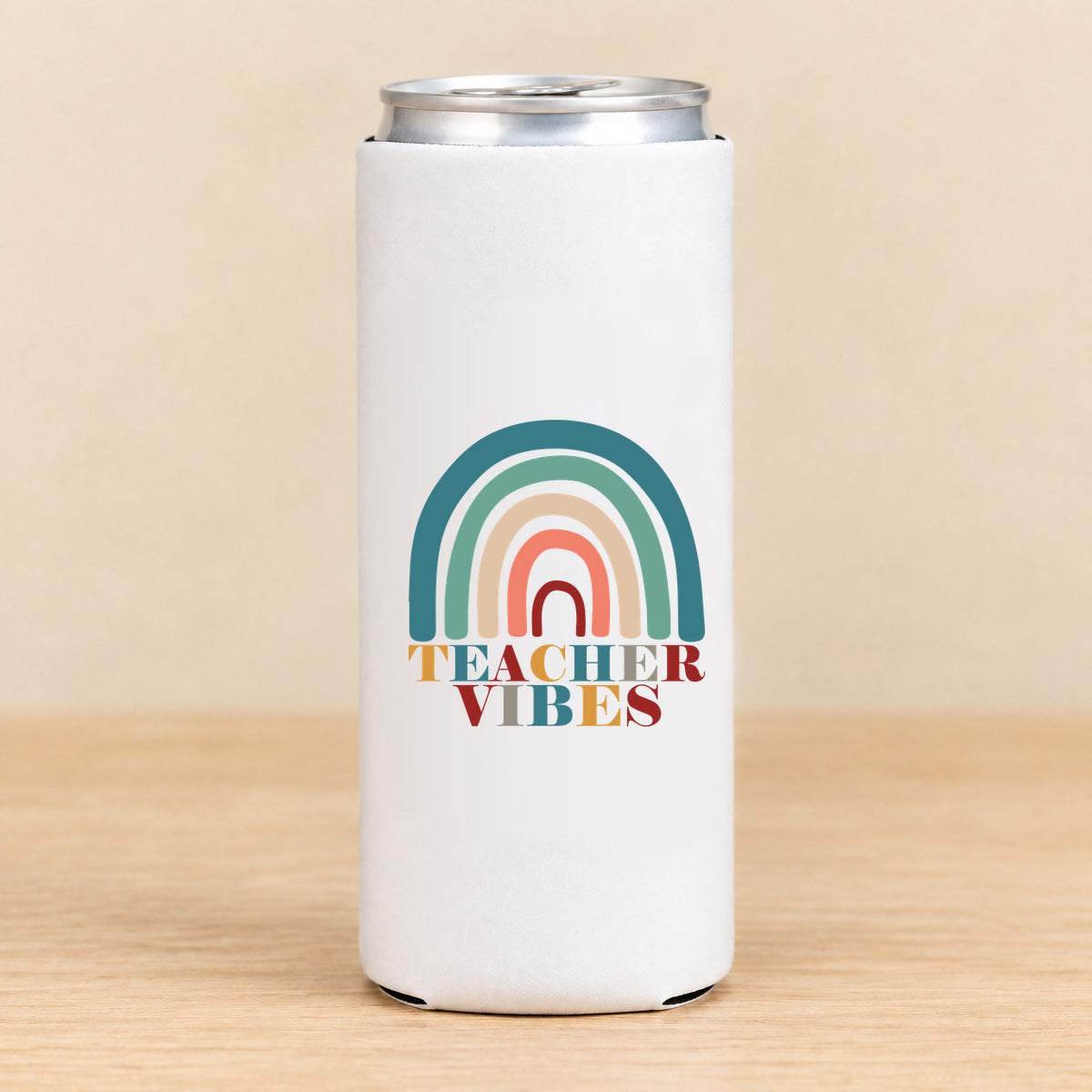 Teacher Vibes Retro Rainbow — Slim Can Koozie