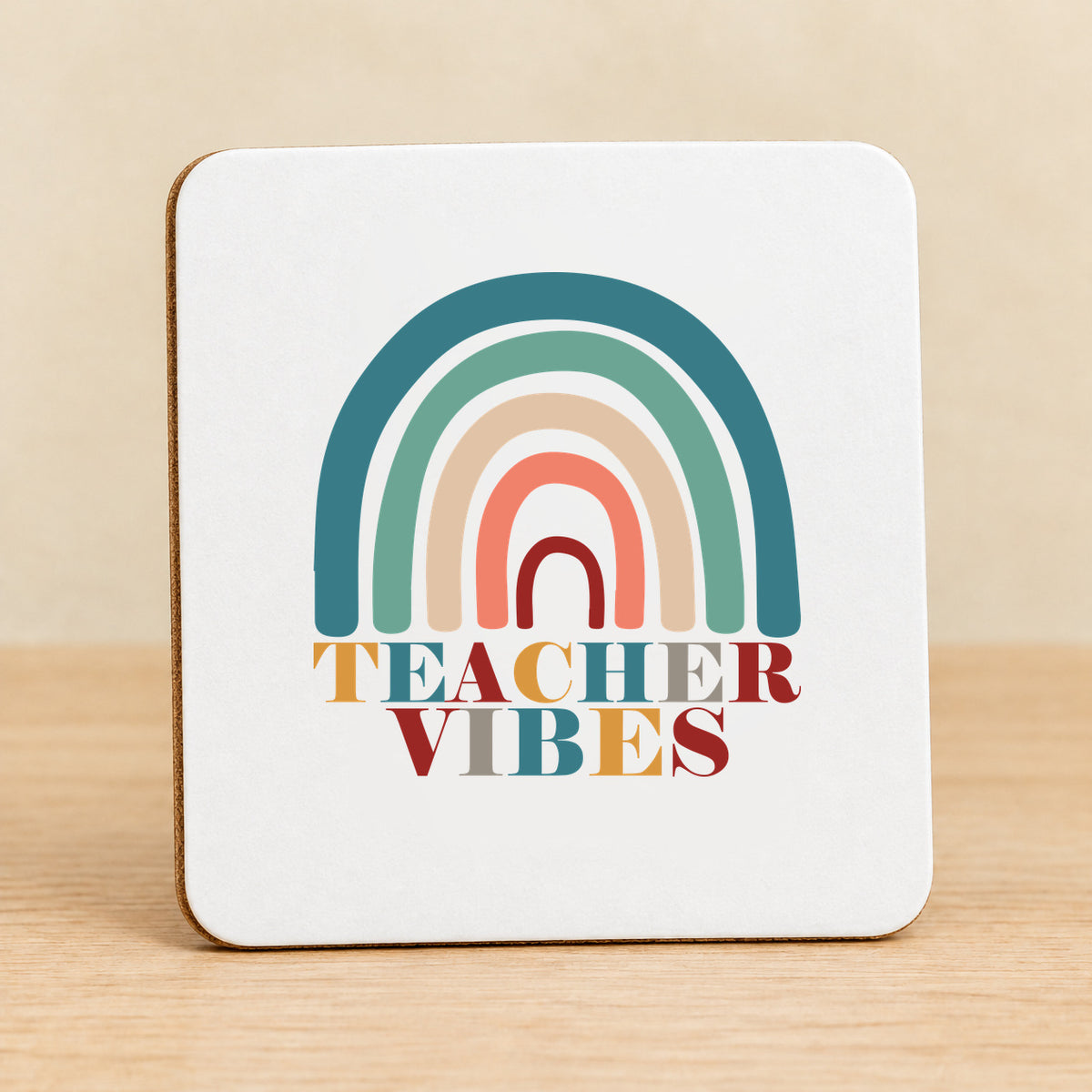 Teacher Vibes Retro Rainbow — Square MDF Coaster