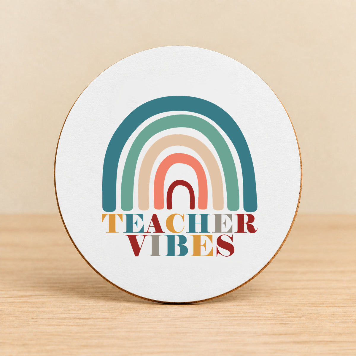Teacher Vibes Retro Rainbow — Round MDF Coaster