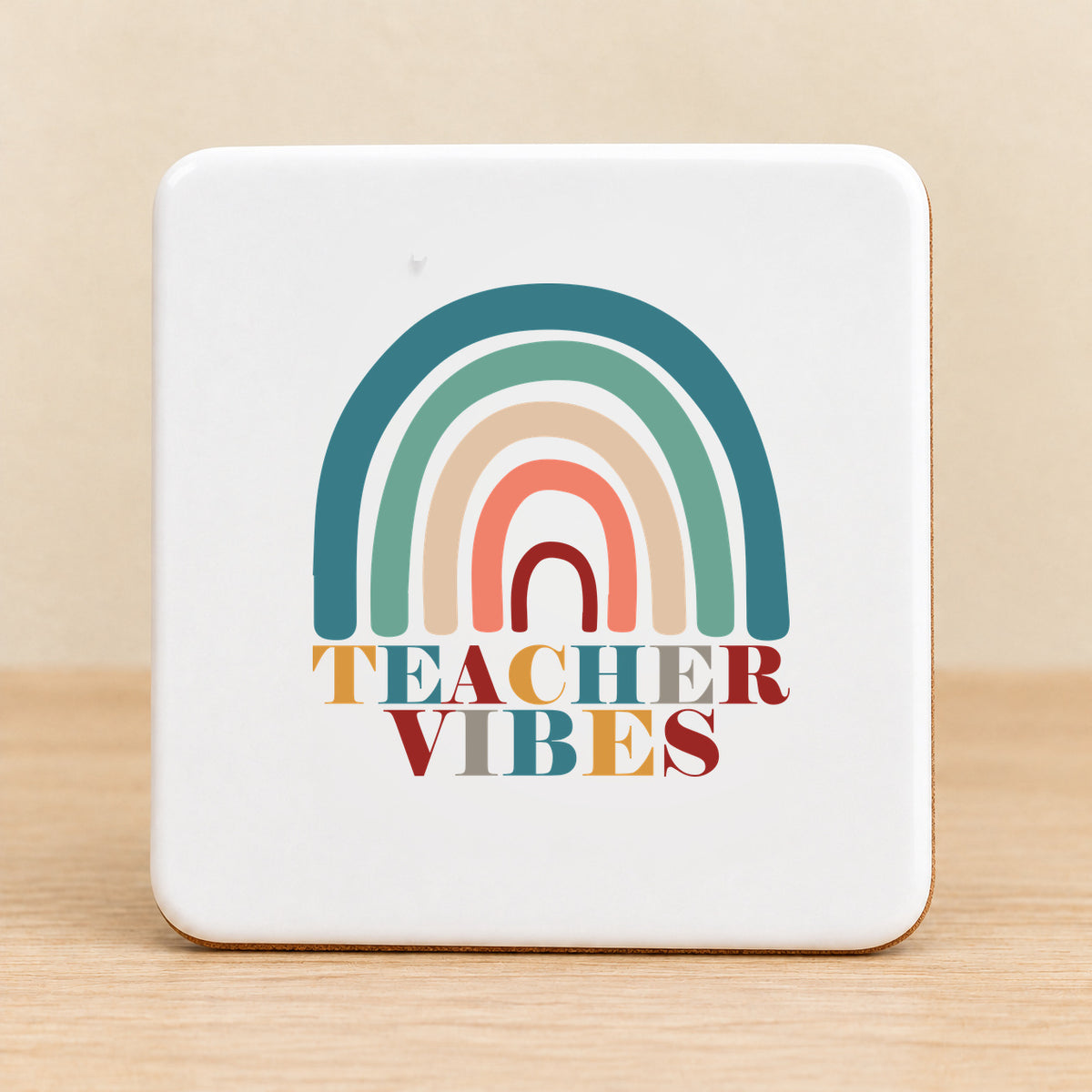 Teacher Vibes Retro Rainbow — Square Ceramic Coaster