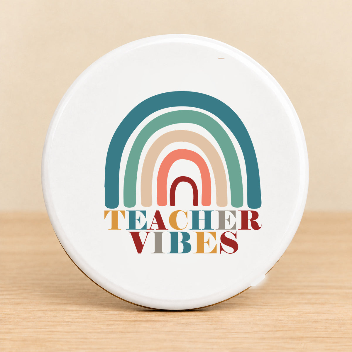 Teacher Vibes Retro Rainbow — Round Ceramic Coaster