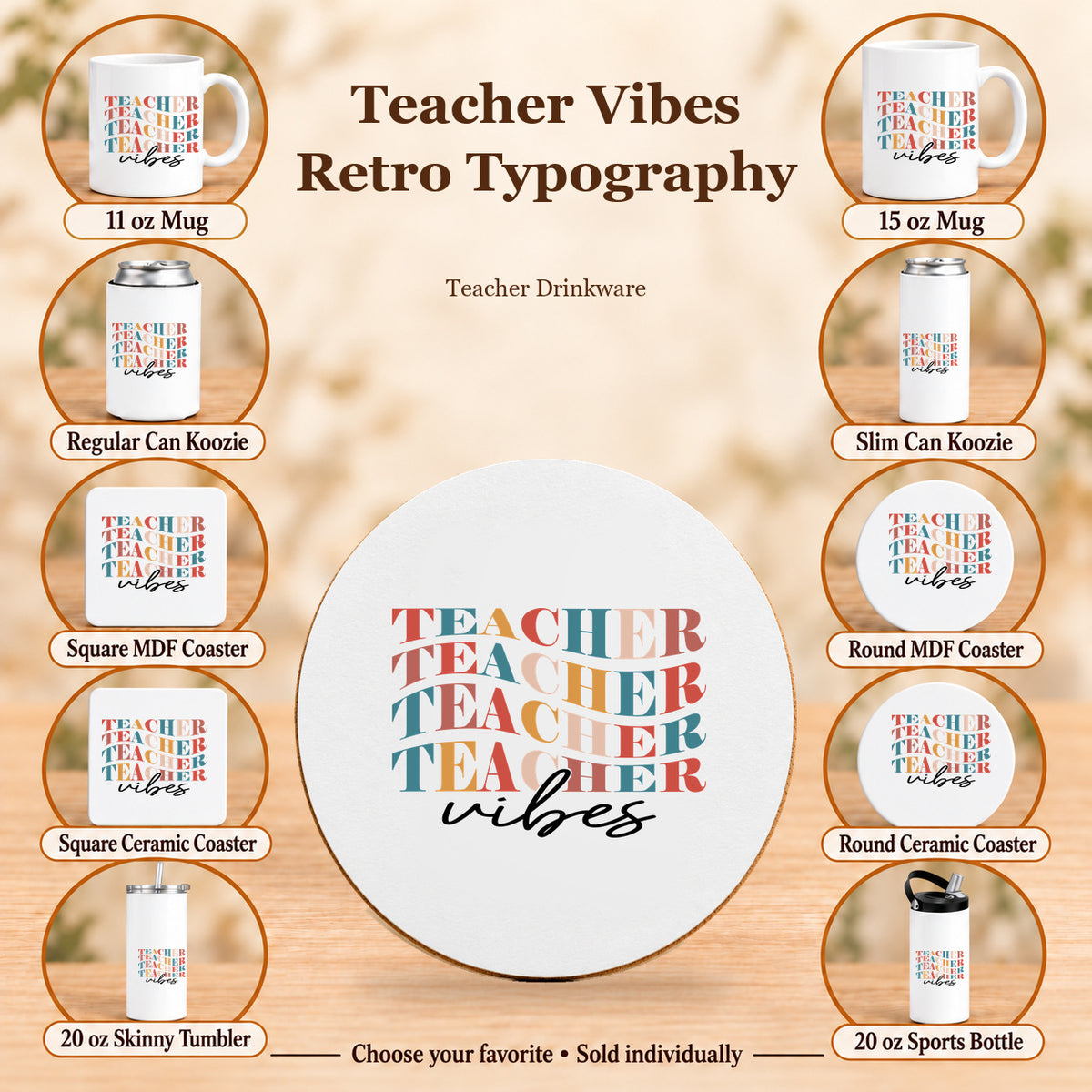Teacher Vibes Retro Typography — All 10 drinkware options